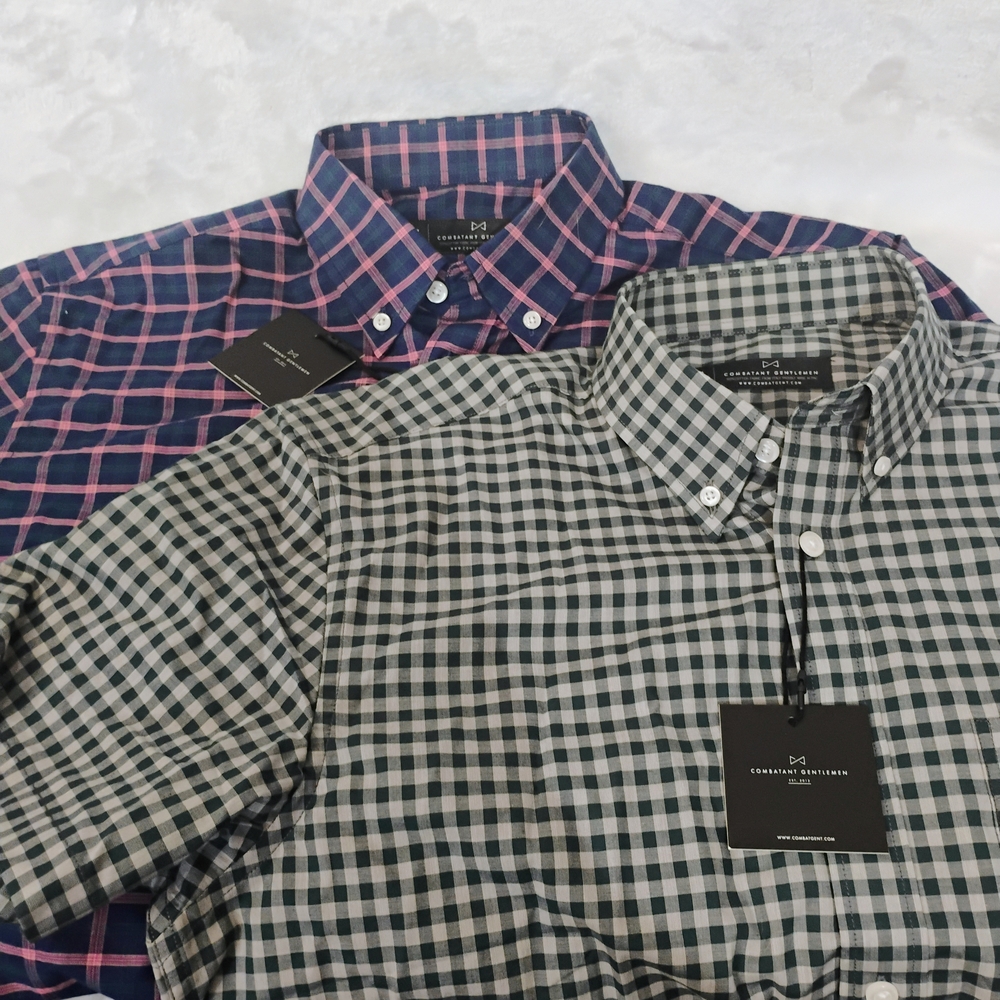 2 Combatant Gentlemen Mens Medium Slim Fit Short Sleeve Plaid Dress Shirt Lot  Q